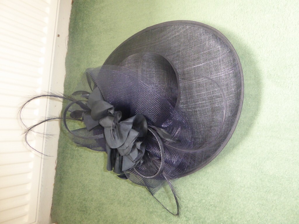Large navy wedding hat with tuille and 